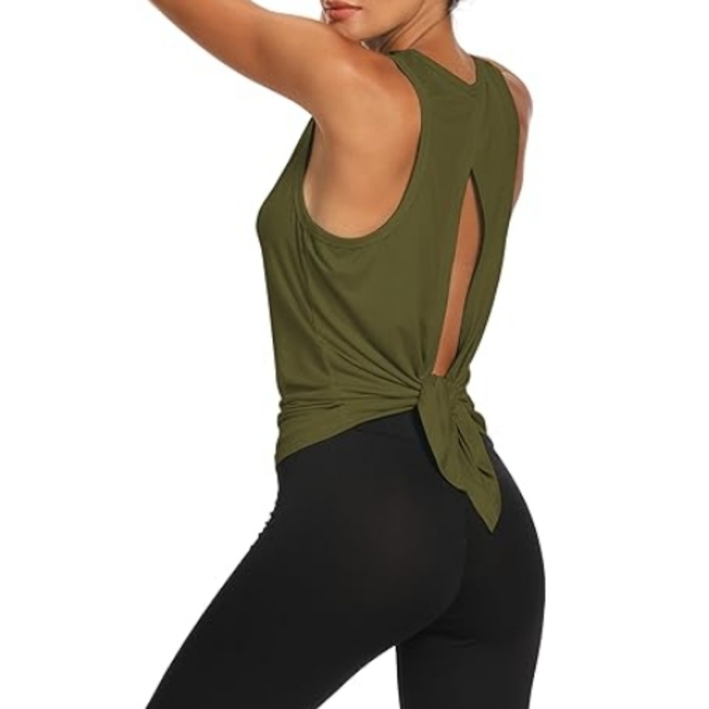 Bestisn Workout Tops Open Back Gym Workout Tie Back Musle Tank Army Green